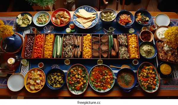 A table full of delicious food, including vegetables, fruits, and bread.