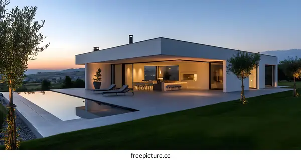 Modern House with Infinity Pool and Landscape View at Dusk
