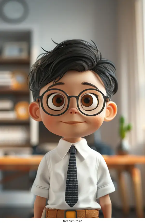 Illustration of a young boy wearing glasses and a tie