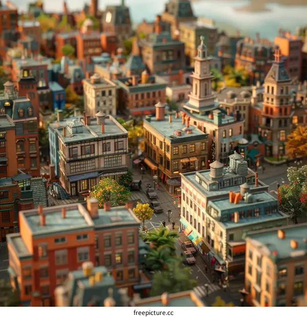 Miniature Cityscape with Buildings and People