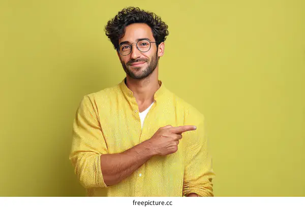 Smiling Man in Yellow Shirt Pointing