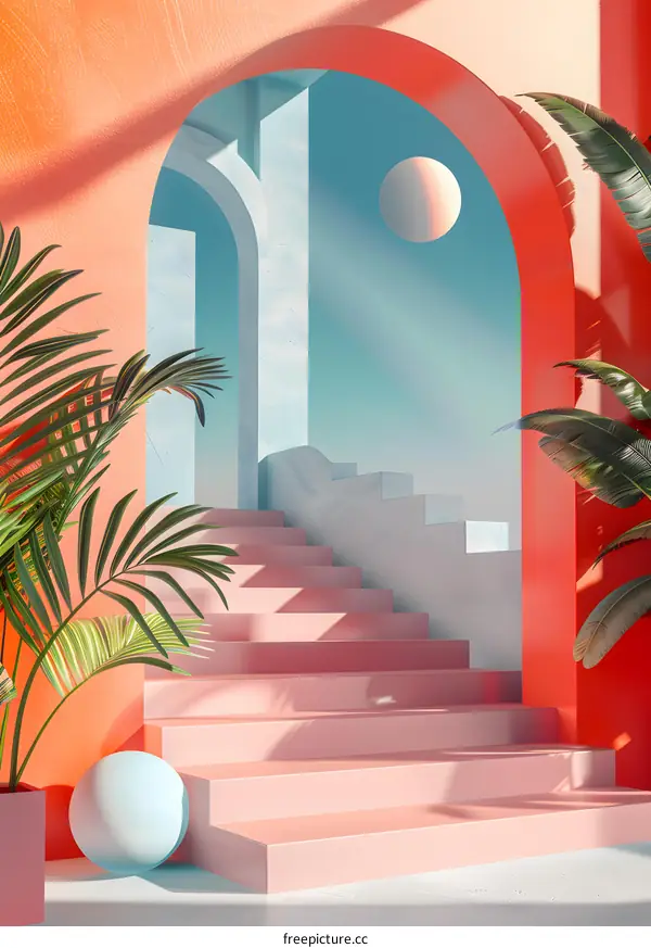 Pink Steps Leading to a Bright Sky Through Arches