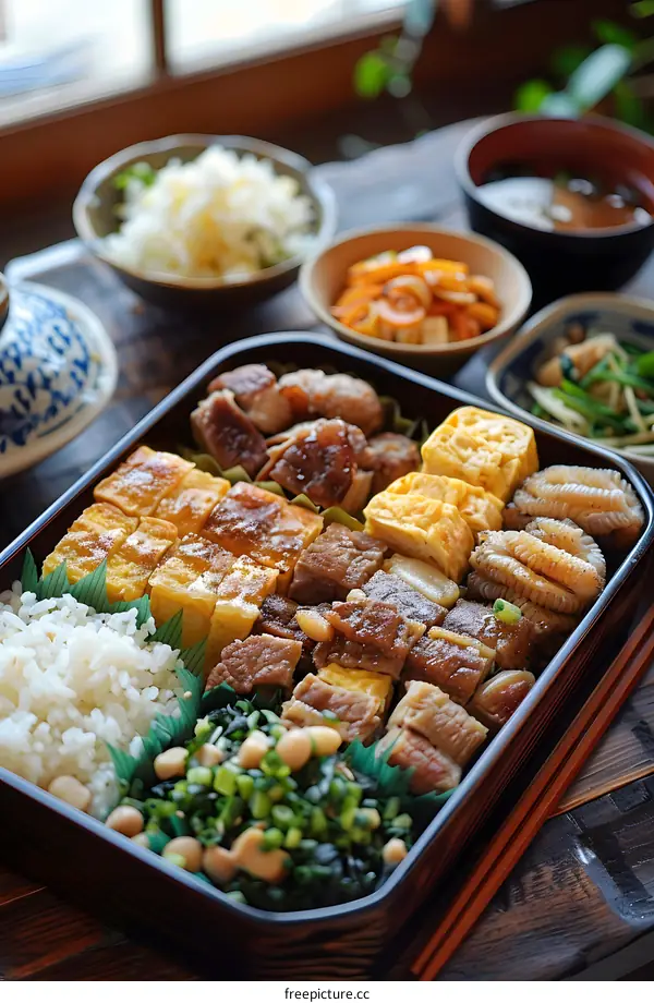 Japanese Bento Box with Meat, Egg, and Rice