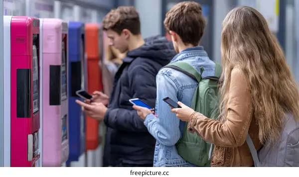 Students using mobile phones near vending machines
