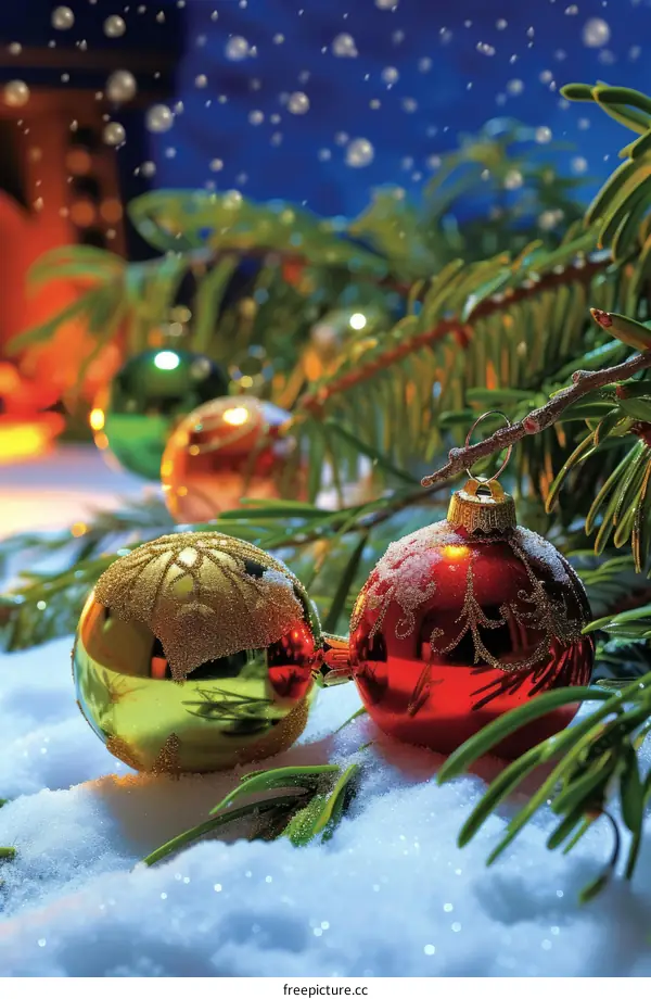 Christmas ornaments with snow covered pine branches