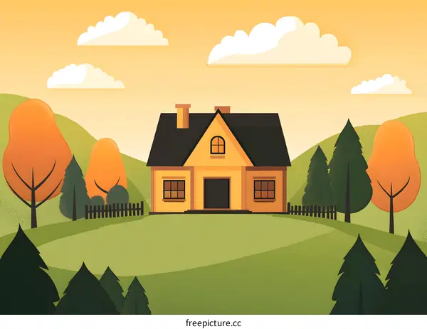 Yellow House Illustration with Trees and Hills