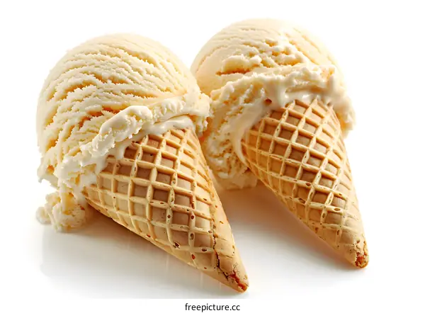 Two ice cream cones with vanilla ice cream