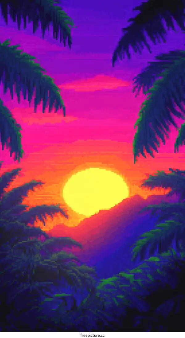 Pixel Art Sunset Tropical Paradise
