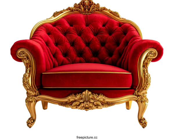 [Transparent Background PNG]Luxury Red Velvet Armchair with Ornate Gold Frame