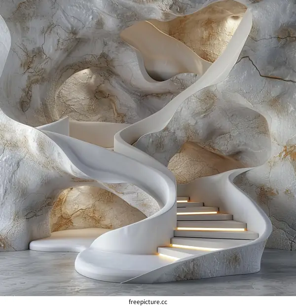 Abstract White Staircase in a Cave-like Interior