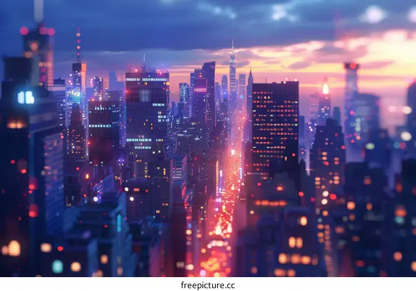 Futuristic Cityscape with Skyscrapers and Colorful Lights