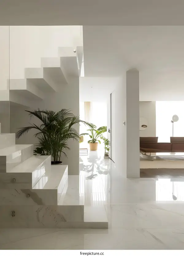 Modern Minimalist Home Interior Design With Marble Stairs And Plants