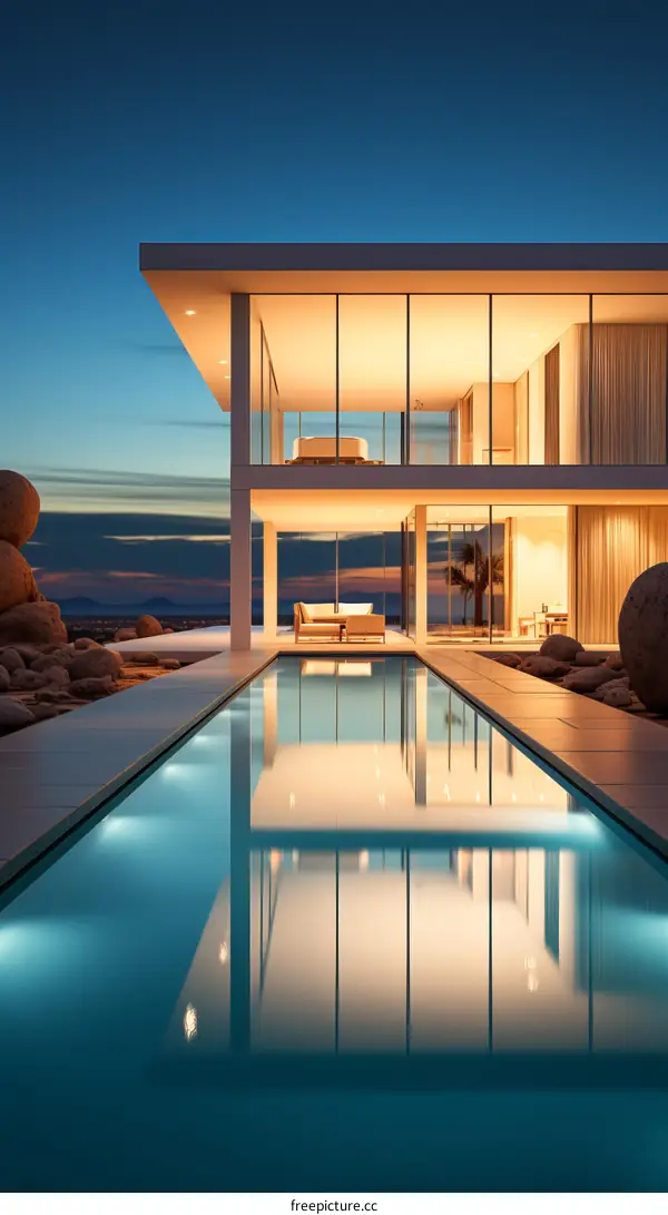 Modern minimalist house with pool at sunset