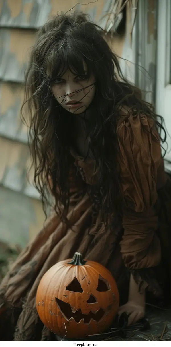 Witch with Pumpkin on the Ground