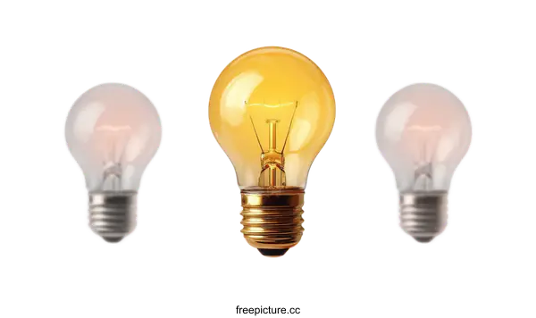 [Transparent Background PNG]Three incandescent light bulbs with one glowing in the center