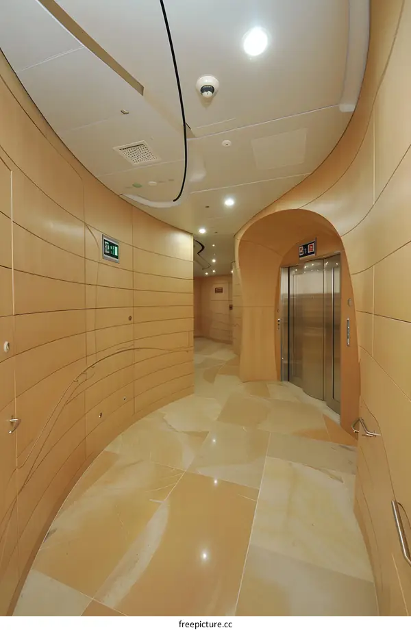 Modern Wooden Hallway with Curved Walls and Elevator