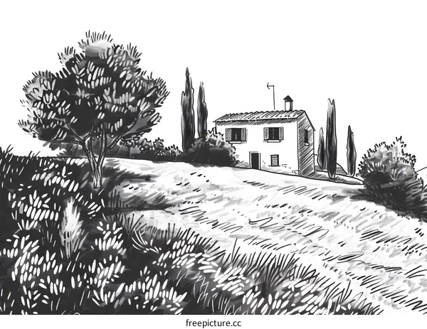 Black and White Illustration of a Country House