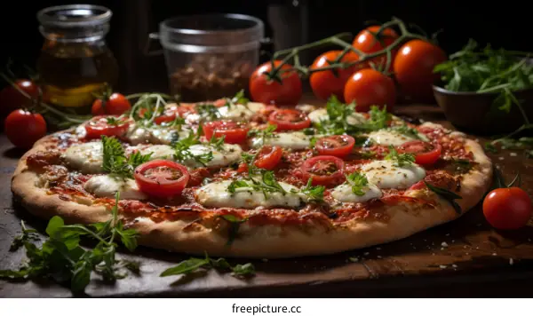 A delicious pizza with fresh tomatoes, mozzarella cheese, and basil