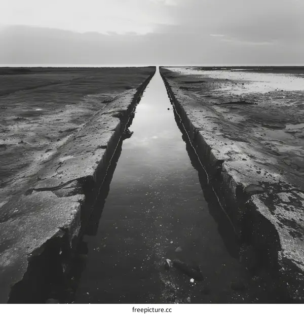 Black and white photograph of a narrow canal running through a desolate marshland