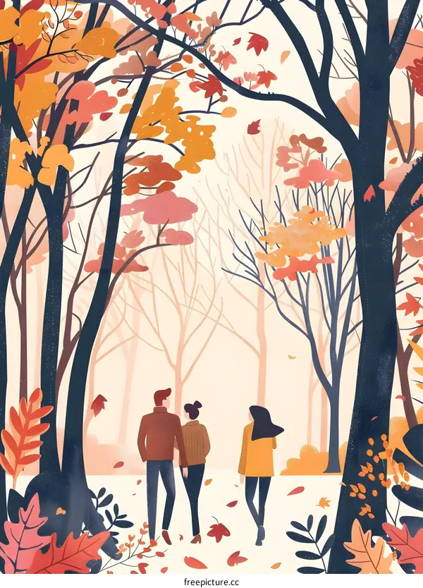 Fall Foliage Illustration with Couple Walking in Forest