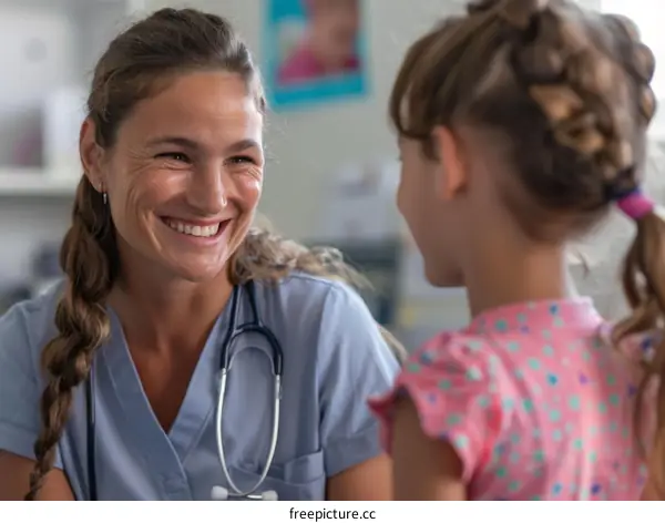 Female doctor talking to a smiling child patient in a hospital