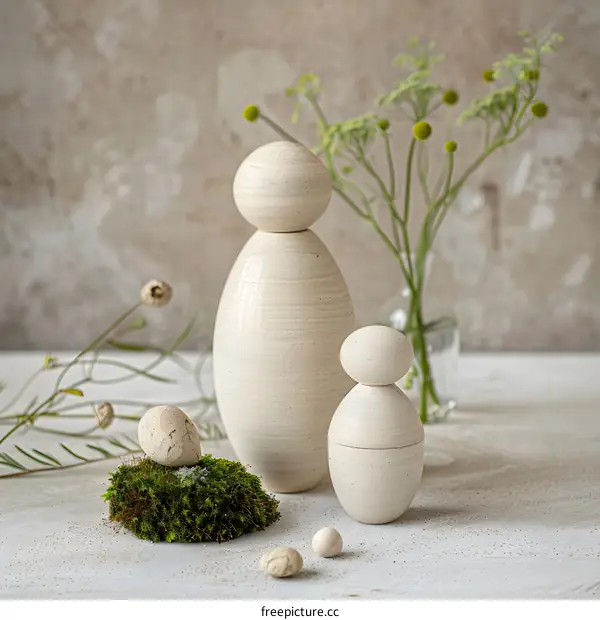 White Ceramic Figurines on a Mossy Base with Greenery