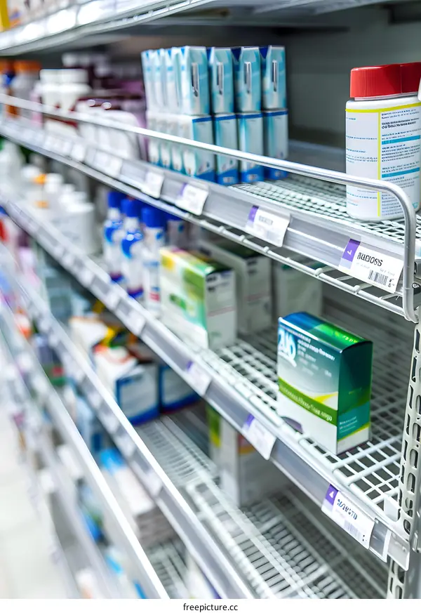 A Shelf Of Medications In A Pharmacy