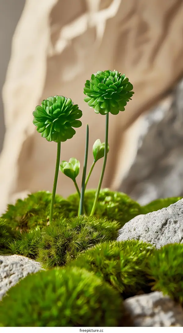 Green Moss with Small Flowers and Stones