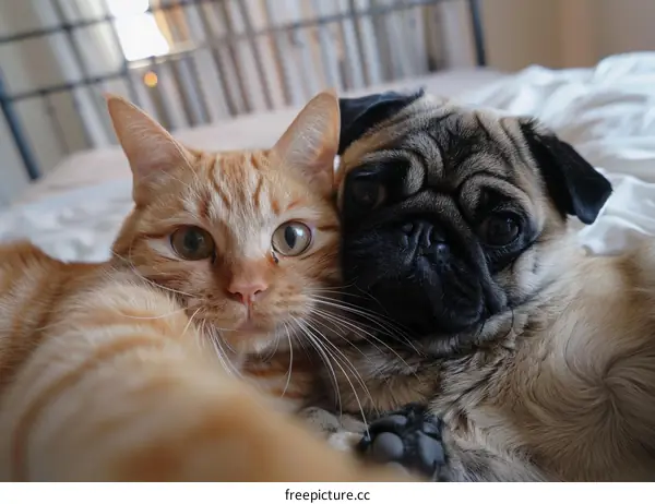 A ginger cat and a pug are lying on a bed and taking a selfie