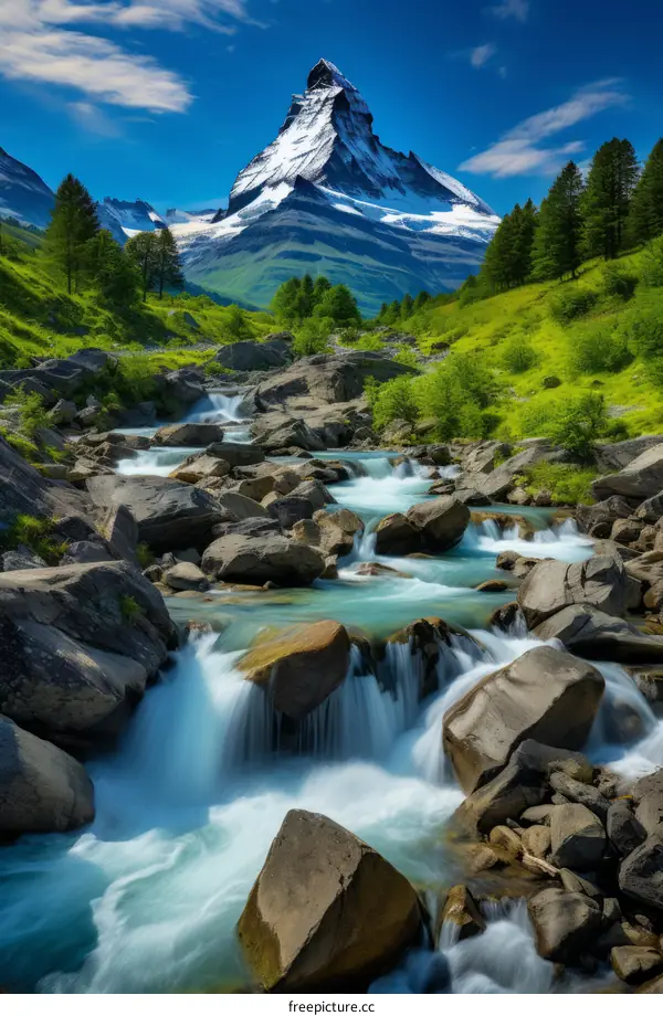 A beautiful landscape of a mountain stream in the Swiss Alps
