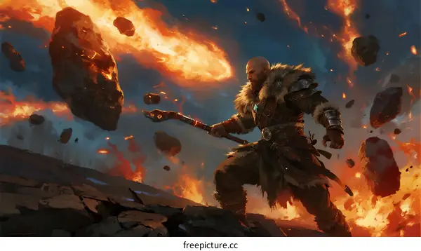 Bald Warrior in Fierce Battle with Floating Fire Rocks