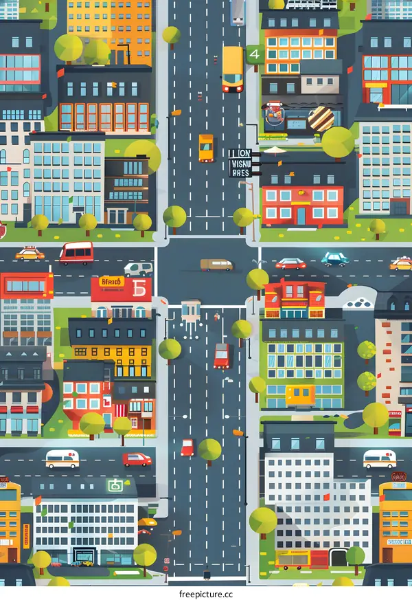 Cityscape Illustration with Colorful Buildings and Vehicles