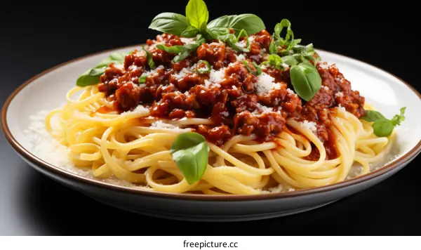 A plate of spaghetti with tomato sauce and basil
