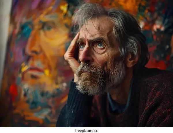 Portrait of an old man with a beard and a colorful painting in the background