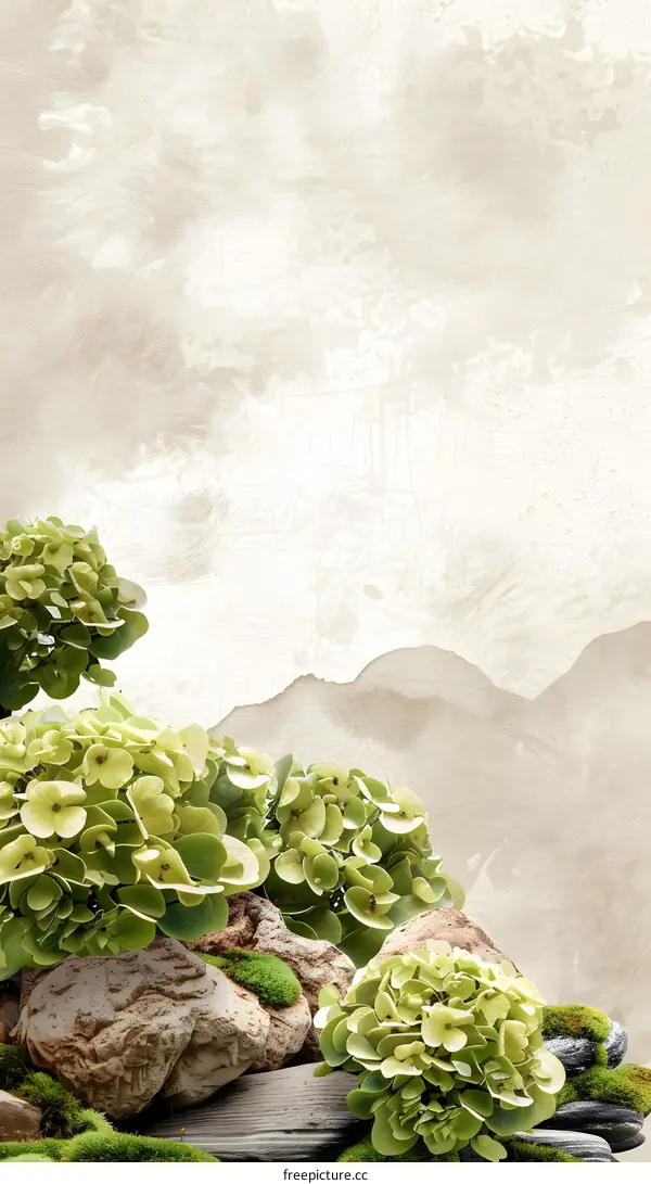 Green Plants and Rocks with Watercolor Background