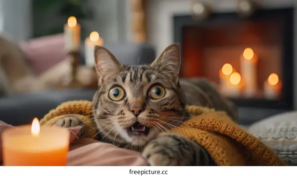 A cat is peeking out from under a blanket with a look of surprise on its face