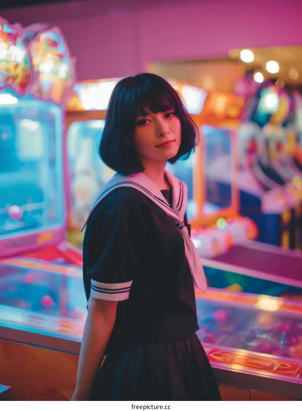Asian Woman in a School Uniform at an Arcade