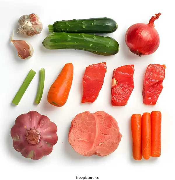 Fresh Vegetables and Beef Cut for Cooking