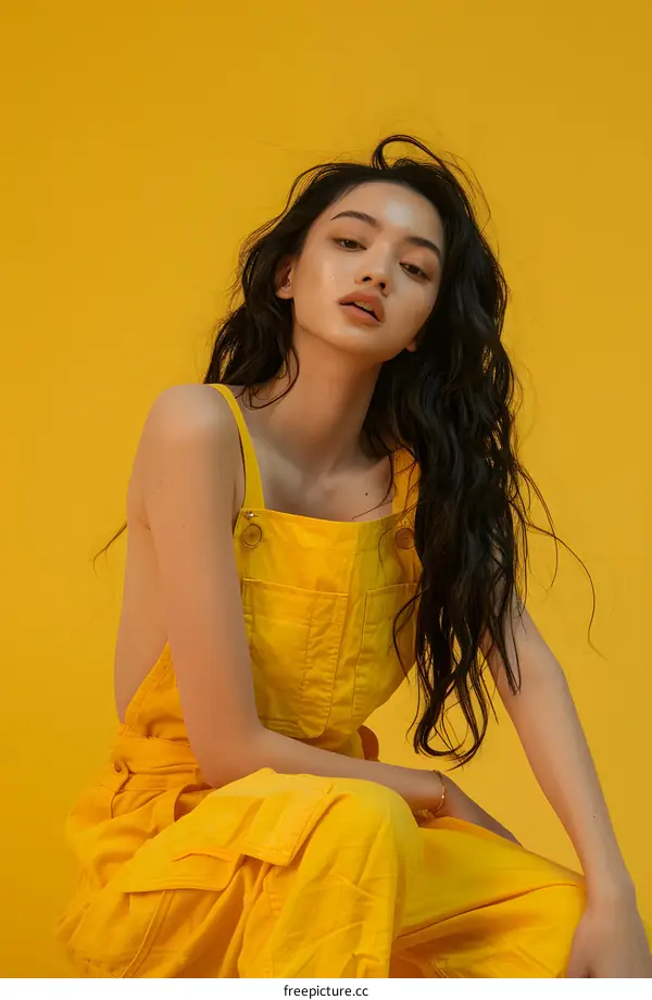 Woman in Yellow Jumpsuit on Yellow Background