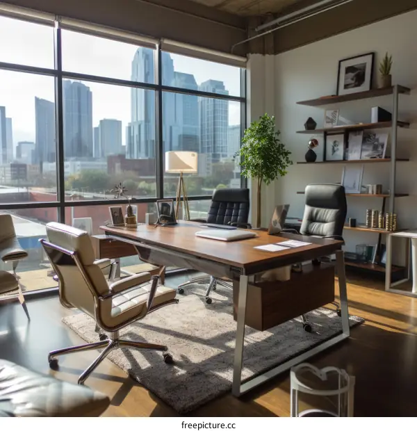 Modern office interior with large windows and city view