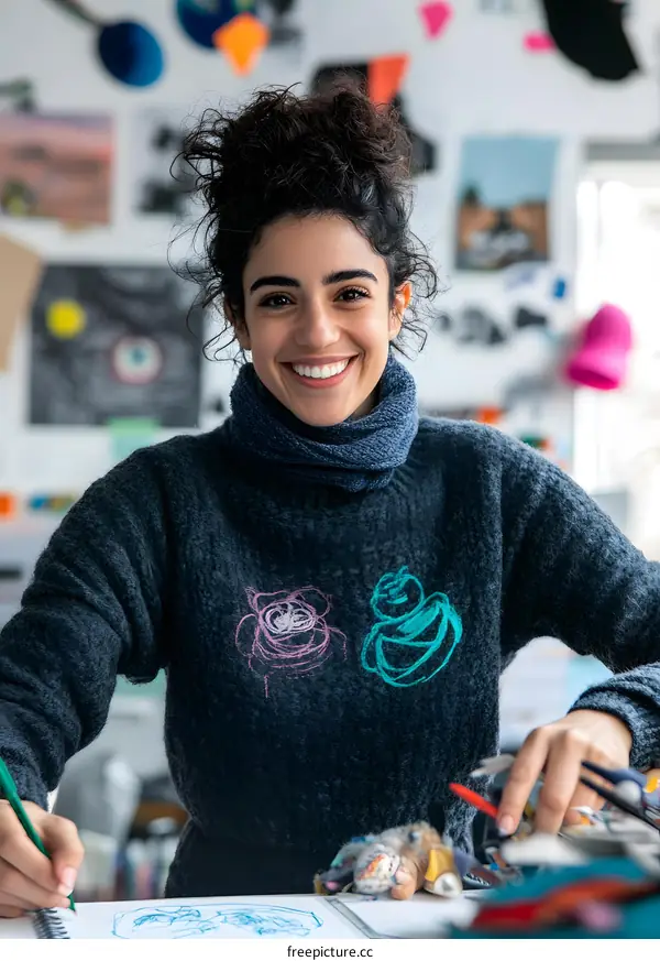 Portrait of a Young Woman Smiling While Drawing