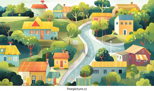 Colorful Illustration of Houses in a Small Town