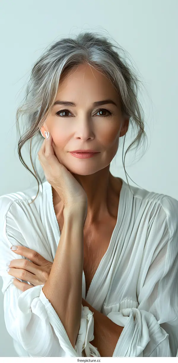 Portrait of a Mature Woman with Silver Hair Wearing a White Blouse