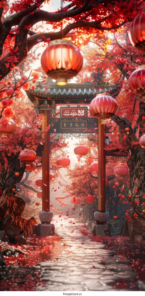 Chinese Courtyard with Red Lanterns and Maple Trees