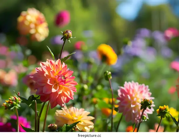 Colorful Dahlia Flowers Blooming in a Garden
