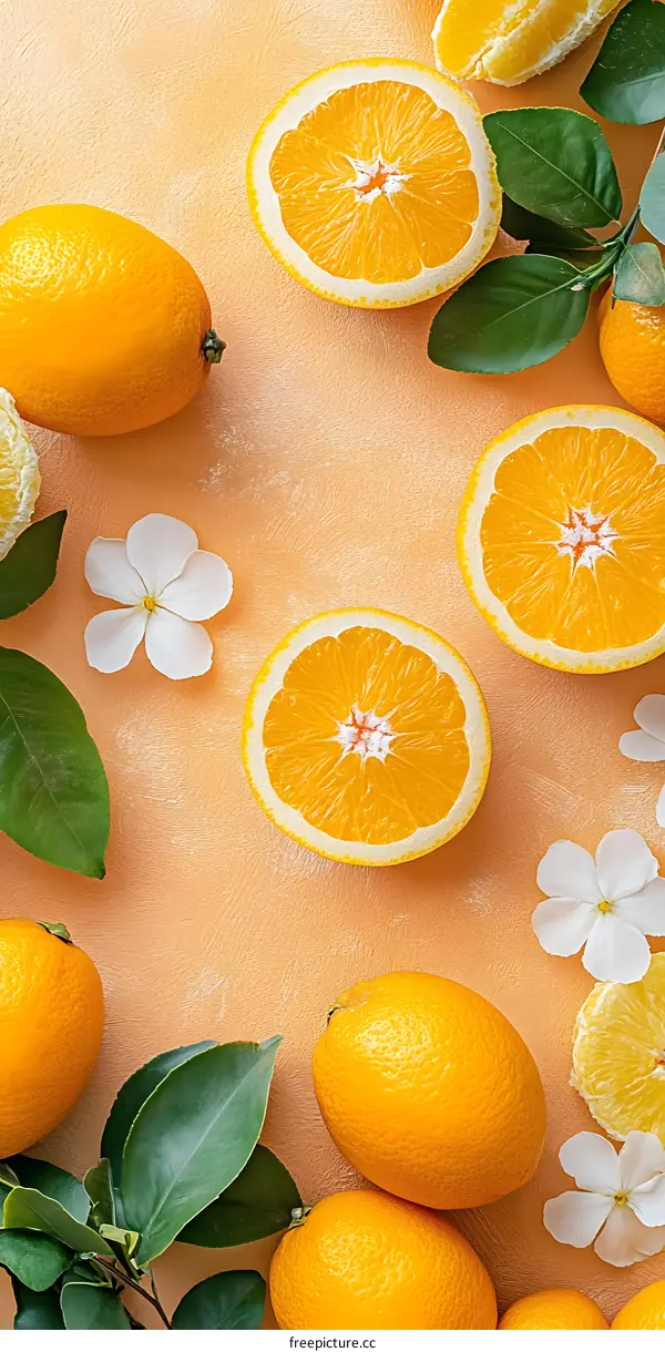 Fresh Oranges with Leaves and Flowers
