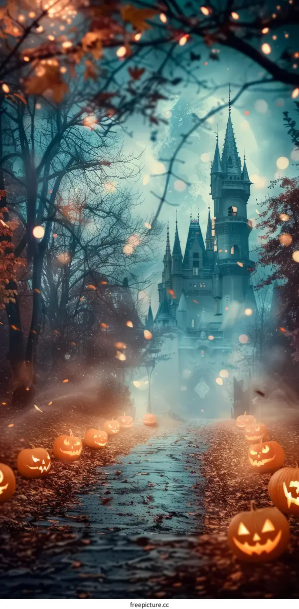Spooky Castle with Pumpkins under the Moonlight