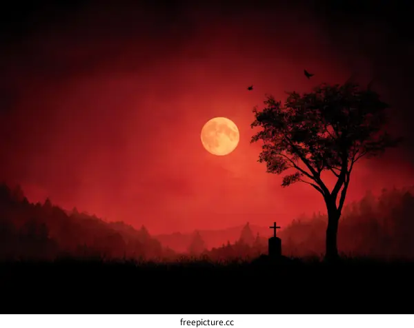 Blood Red Moonlit Cemetery Scene