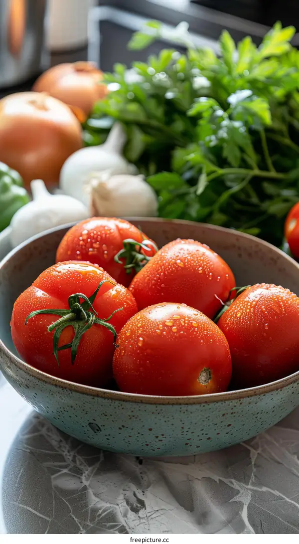 Ripe tomatoes in a bowl with other vegetables in the background