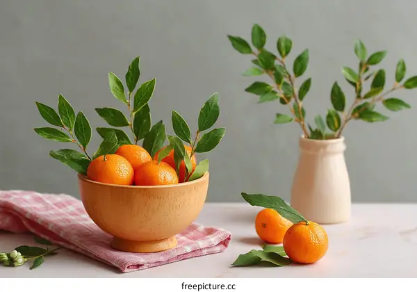 Fresh Tangerines in Wooden Bowl with Greenery